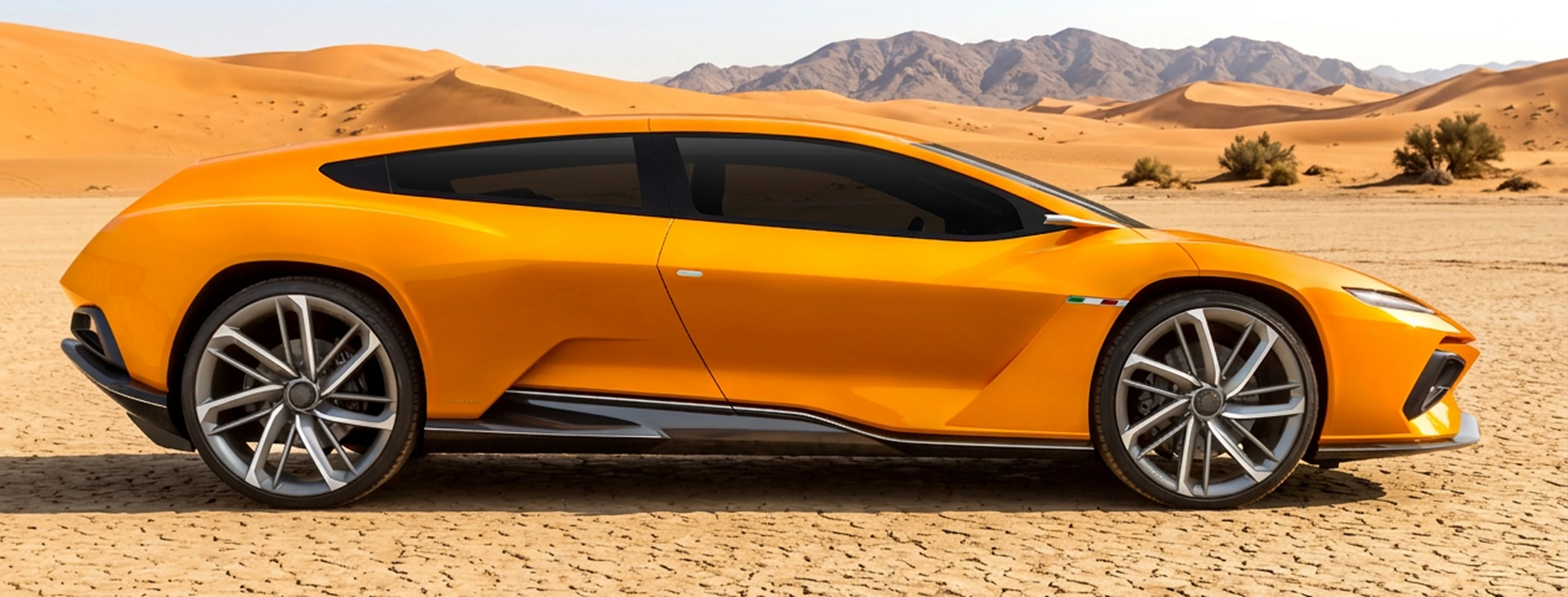 The full car in profile on cracked desert ground, dunes and mountains behind
